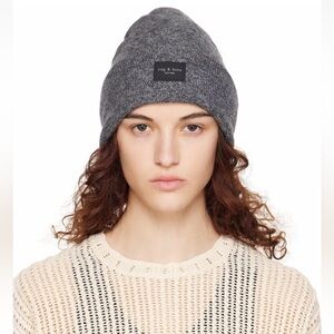 Rag & Bone Addison Logo Patch Gray Rib Knit Wool Beanie Hat NWT Unisex One Size